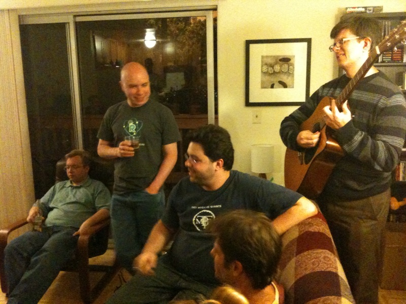 Songfighters on a couch at Fluffy's on Friday night.